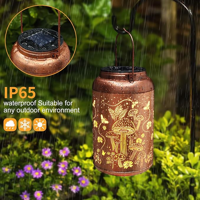 Solar Lanterns Outdoor Waterproof Bee Mushroom Decoration Gifts for Women Mon Grandma Hanging Solar Lights for Outside Metal LED Lanterns for Yard, Patio, Garden Decor-VerdiqueGarden