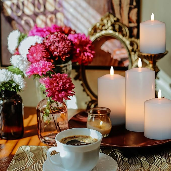 Battery Operated Flameless Candles with 3D Flickering Flame Wick, LED Pillar Candles with Remote Timer, Pack of 3 Real Wax Candles for Wedding Home Decor(White)-VerdiqueGarden