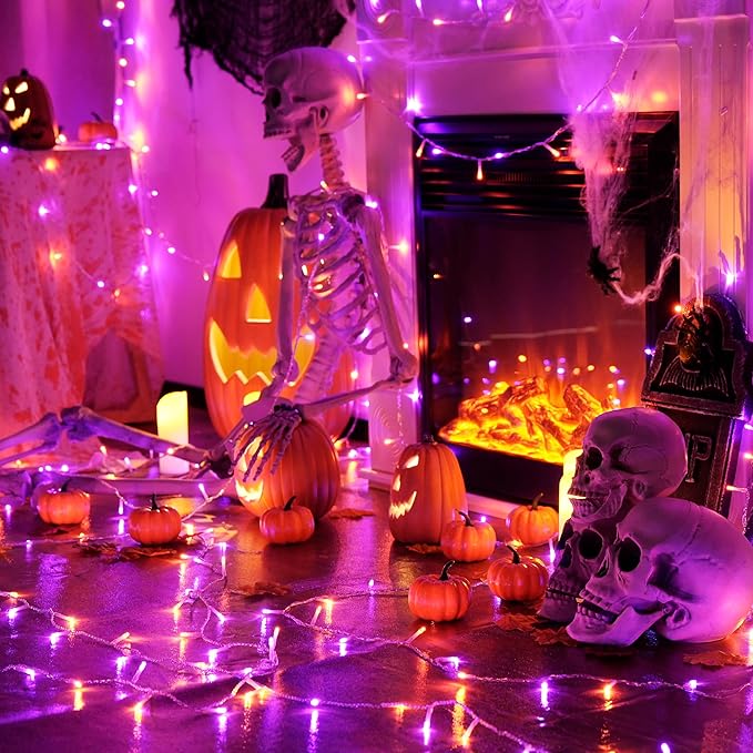 JMEXSUSS 33 FT 100 LED Halloween String Lights Indoor, Orange and Purple Halloween Lights Clear Wire, 8 Modes Outdoor Waterproof Christmas String Light Plug in-VerdiqueGarden
