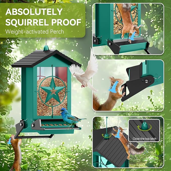 Squirrel Proof Bird Feeder for Outdoors Hanging, Metal Wild Bird Seed Feeder with Bilateral Weight-Activated Perches, 5LB Large Capacity Wild Bird Feeders for Outside Finch, Cardinal, Blue Jay-VerdiqueGarden