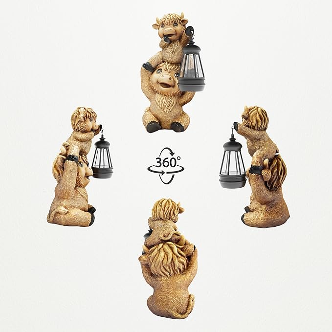 Highland Cow Statues with Solar Lights, Highland Cow Resin Figurine Lights, Highland Cow Ornaments for Patio, Balcony, Indoor Decoration and as Gifts-VerdiqueGarden