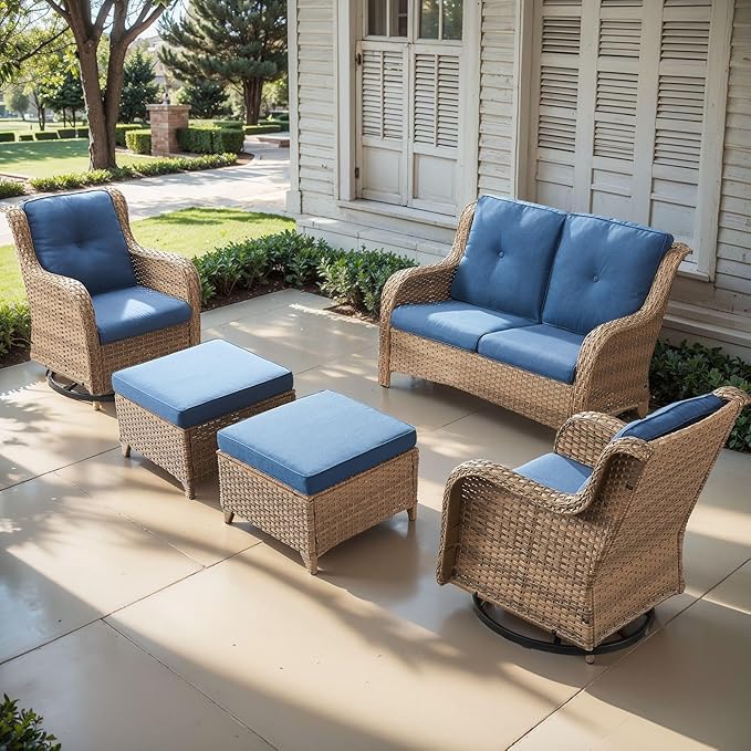 Outdoor Wicker Patio Furniture Set - 5 Piece Rattan Patio Conversation Set with 2 Rocking Swivel Chairs,2 Ottomans and 1 Loveseat for Porch Deck Backyard Garden(Yellow/Blue)-VerdiqueGarden