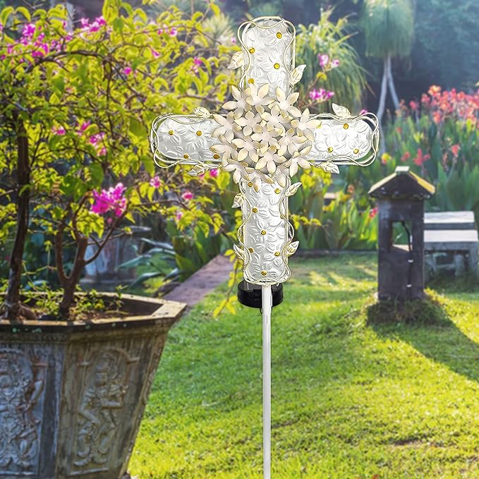 38Inch Solar Cross Garden Lights Outdoor Decorative - Solar Metal&Glass Cross White Hydrangea Flower Stake Lights- Waterproof 20 Warm White LED for Remembrance Gifts & Sympathy Gifts.-VerdiqueGarden