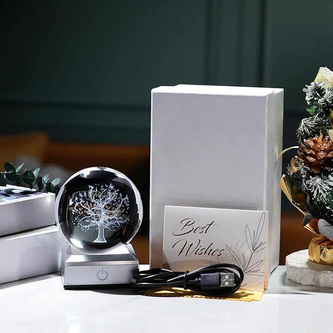 Qianwei 3D The Tree of Life Crystal Ball with LED Colorful Lighting Touch Base,Flower of Life Meditation Chakra Grid Night Light, Sacred Geometry Art Symbol for Spiritual Decor-VerdiqueGarden