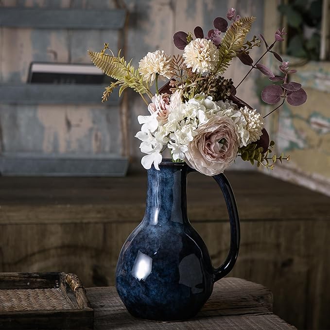 Blue Ceramic Vase with Big Handles, Modern Farmhouse Decor, Rustic Pottery for Flowers, Decorative Terracotta Centerpiece for Dining Table-VerdiqueGarden
