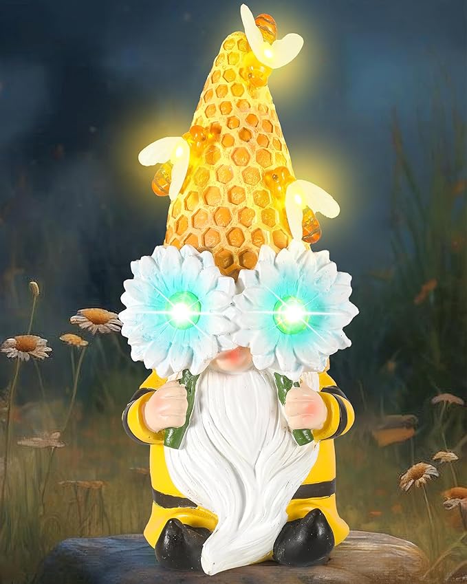 iStatue Garden Gnomes Outdoor Clearance with Solar Bee Lights - 9.5'' Resin Figurine Honeycomb Sunflower Spring Summer Decoration for Home Garden Decor Lawn Ornaments (Mr Bee Gnome)-VerdiqueGarden