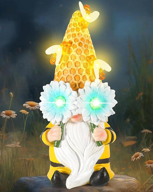 iStatue Garden Gnomes Outdoor Clearance with Solar Bee Lights - 9.5'' Resin Figurine Honeycomb Sunflower Spring Summer Decoration for Home Garden Decor Lawn Ornaments (Mr Bee Gnome)-VerdiqueGarden