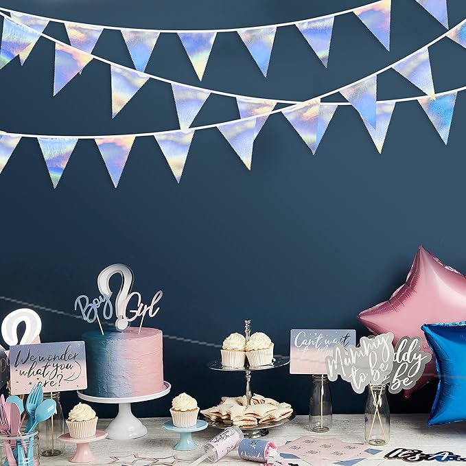 33Ft Iridescent Party Decoration Holographic Fabric Triangle Pennant Banner Flag Cotton Bunting Garland for Birthday Wedding Bridal Shower Bachelorette Engagement Disco Euphoria Galaxy Party Supplies-VerdiqueGarden