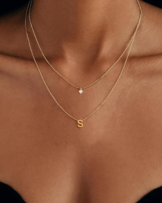 Layered Initial Necklaces for Women, 14k Gold Plated Letter Necklace Set Dainty Gold Initial Necklace Stack Cute Layering Choker Necklaces for Women Trendy Fashion Jewelry