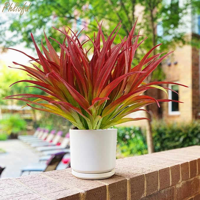 6Pcs Artificial Grass Fake Plants 17.3in Outdoor Plants UV Resistant Greenery Stems Fake Grass for Home Window Garden Office Patio Pathway Front Porch Christmas Décor Light Green & Red-VerdiqueGarden