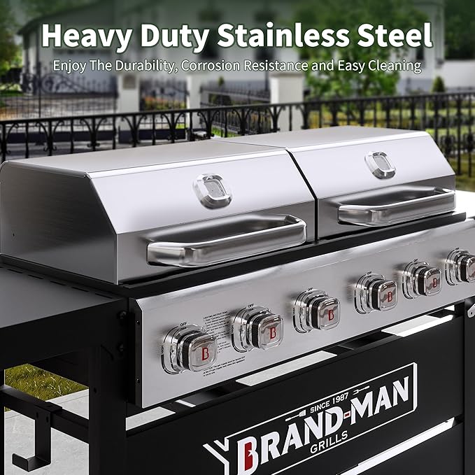 Brand-Man Griddle Grill Combo 6-Burner, 2 in 1 Versatile Propane Gas Grill and Griddle with Double Stainless Steel Lids, BBQ Combo for Outdoor Kitchen & Backyard Barbecue Cooking-VerdiqueGarden