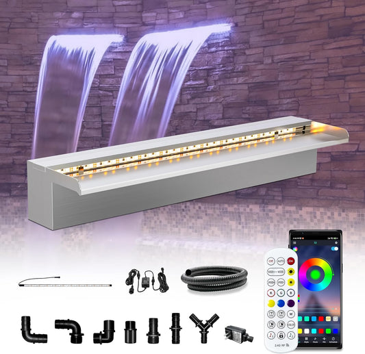 LONGRUN Waterfall Pool Fountain, Updated 5.9'' Wider Open Lip Stainless Steel Waterfall Spillway, Decorative Water Feature for Swimming Pools, Koi Ponds, Spa & Garden - 23.6''-VerdiqueGarden