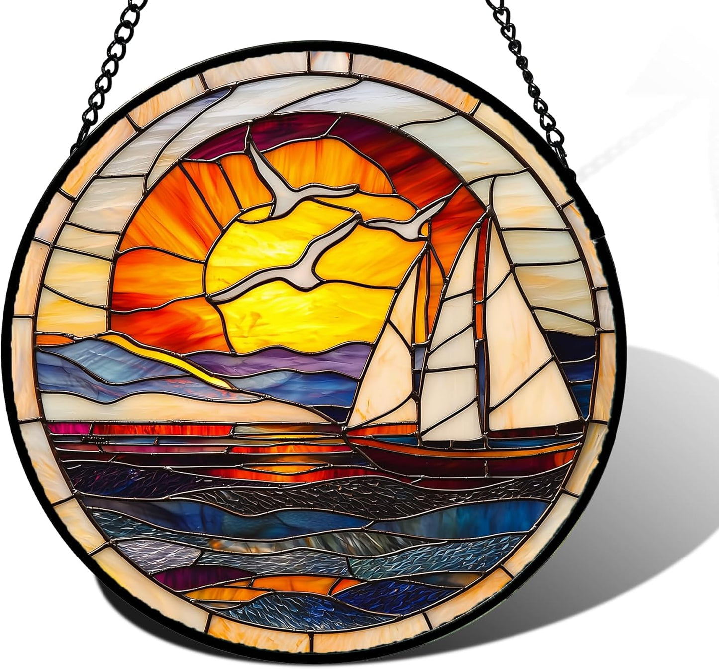 Stained Glass Window Hanging, Sun Ocean Sailboat Seagull Abstract Suncatcher Diamond Glass Panel Sun Catchers Decor for Birthday for Women, Men, Wife, Aunt, and Mom 11.8x11.8 in-VerdiqueGarden