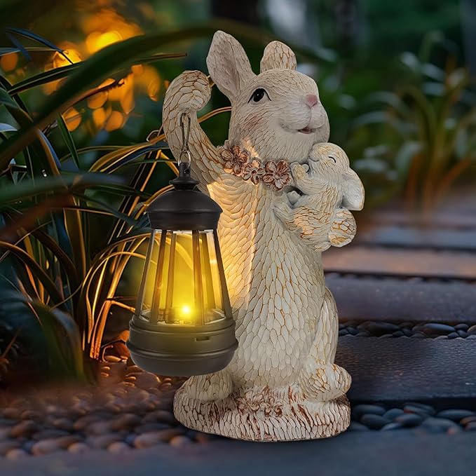 ILLUMINEW Solar Garden Statues Rabbit Lights, Outdoor Lighted Bunny Garden Decor Waterproof Figurines for Patio Porch Balcony Yard Lawn Lantern, Unique Easter Gifts for Mom Grandma Mother-VerdiqueGarden