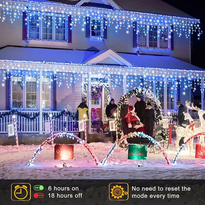 Icicle Lights for Outside, 33FT 400 LED Christmas Lights Outdoor with Waterproof 8 Modes, Plug in Connectable String Twinkle Light for Indoor Home Roof Window Garden Wedding Decorations, Blue White-VerdiqueGarden