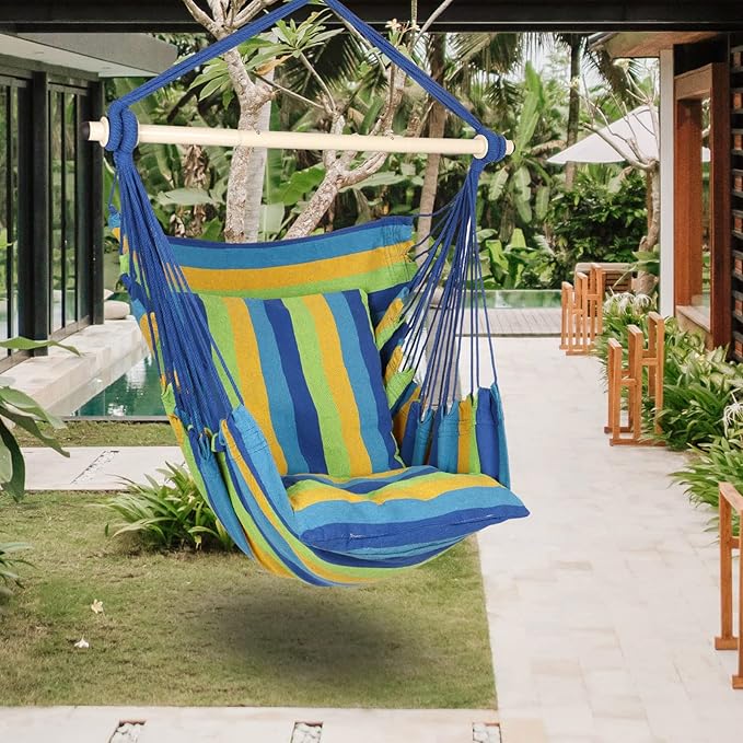 Highwild Hammock Chair Hanging Rope Swing - Max 500 Lbs - 2 Cushions Included - Steel Spreader Bar with Anti-Slip Rings - for Any Indoor or Outdoor Spaces (Blue Striped)-VerdiqueGarden
