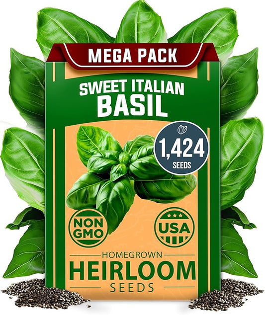 HOME GROWN 𝗨𝗦𝗔 𝗣𝗥𝗘𝗠𝗜𝗨𝗠 Italian Basil Seeds Bulk Pack 1,424 Sweet Large Leaf Basil Seeds for Planting 𝗡𝗢𝗡-𝗚𝗠𝗢 and Heirloom Herb Seeds for Planting Indoors or Outdoors (Ocimum basilicum)-VerdiqueGarden