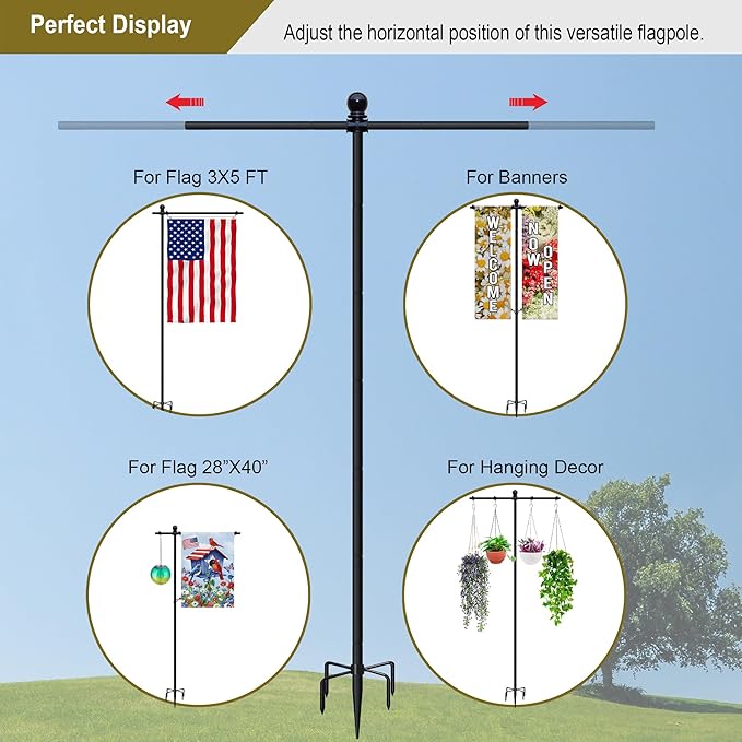 10FT Flag Pole Stand for Garden – Adjustable Outdoor Flagpole with 5-Prong Base, Freestanding Aluminum Banner Holder for 3x5ft & 28"x40" Flags – Wind-Resistant & Lightweight – Black-VerdiqueGarden