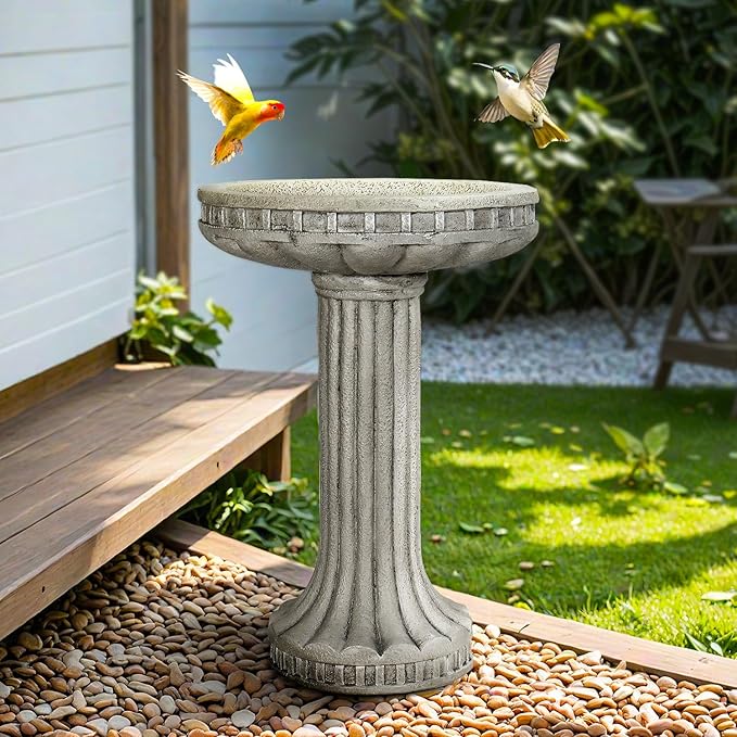 SunJet 24” H x 16” Dia Outdoor Birdbath with Classical Pedestal - Fibre Reinforced Concrete Birdbaths, Vintage Design for Garden Decor & Bird Attraction-VerdiqueGarden