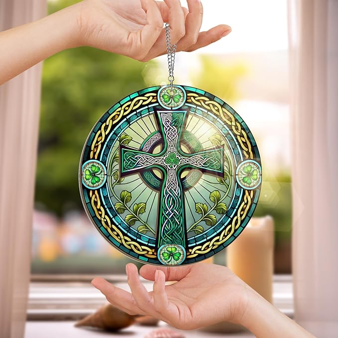 Irish Gifts, St Patricks Day Decor - Birthday, Christmas, Good Luck Irish Gifts for Men Women, Shamrock Decorations, Celtic Cross Home Decor - Window Suncatcher Hanging Decorations 6 in-VerdiqueGarden