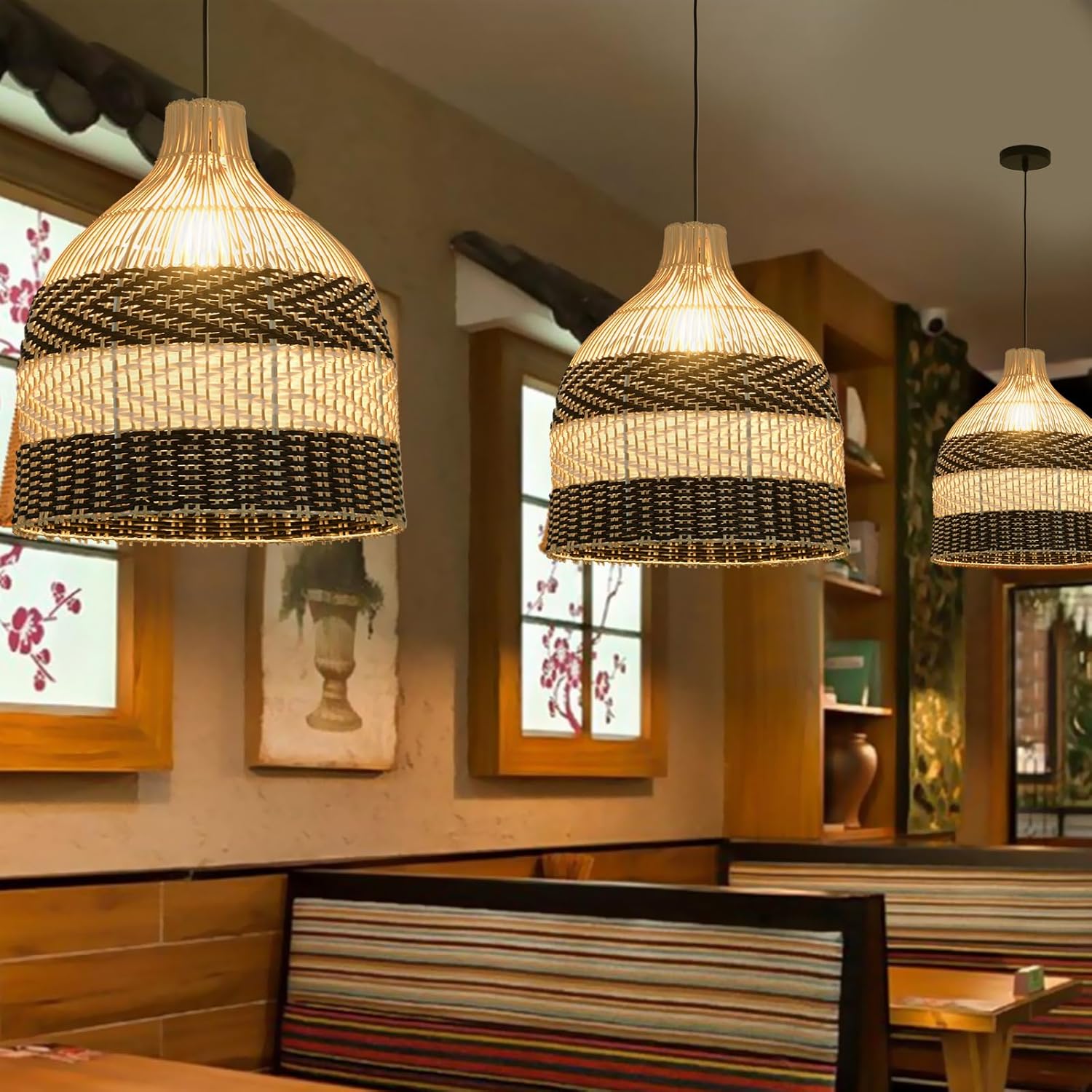 15.75" Rattan Pendant Light Black White Faux Rattan Basket Chandelier 1-Pack Boho Handmade Woven Wicker Hanging Light Fixture for Public Place Dining Living Bedroom Kitchen Farmhouse-VerdiqueGarden