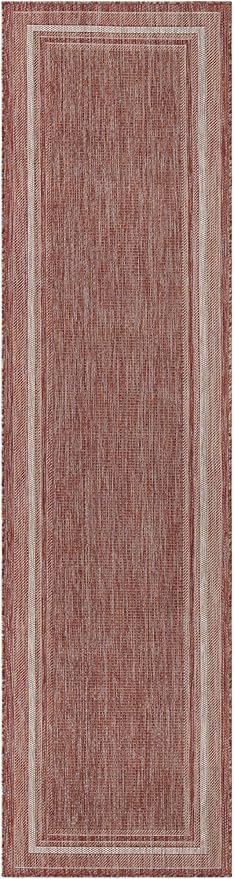 Unique Loom Outdoor Border Collection Area Rug - Soft Border (2' 7" x 10' Runner, Rust Red/ Ivory)-VerdiqueGarden