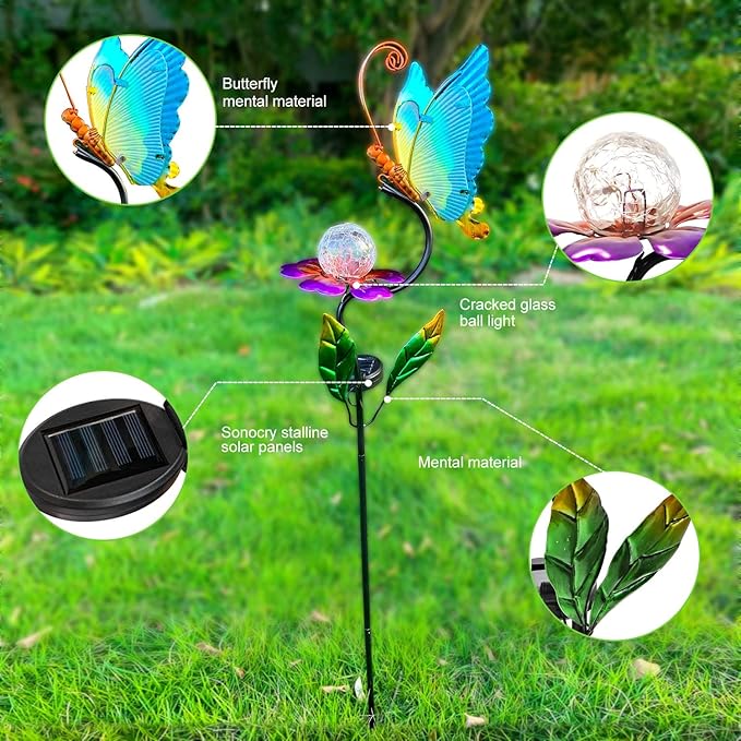 HONGLAND Solar Butterfly Garden Lights, Outdoor Lights Garden Decor for Outside, Flower Yard Decorations, Metal Yard Art for Patio Decor, Gifts for Mom-VerdiqueGarden
