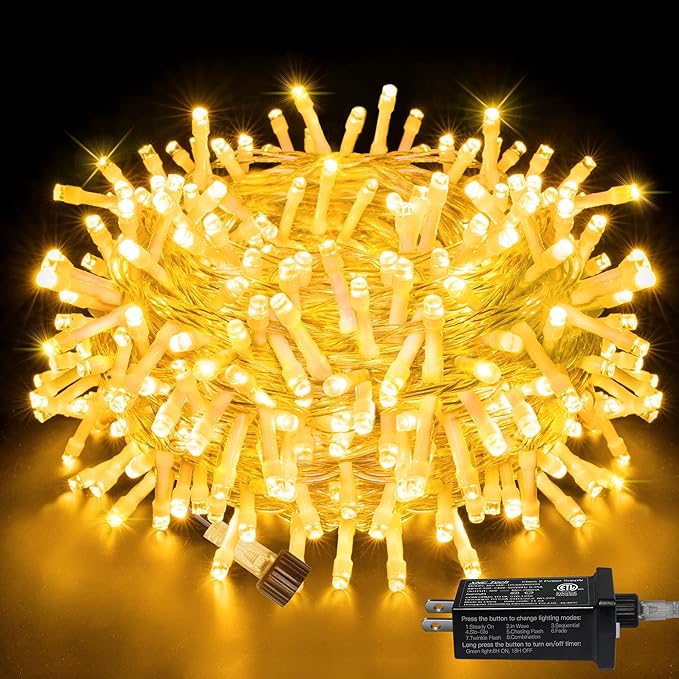 Ollny String Lights Indoor 200LED 60FT, Warm White Connectable Plug in LED Outdoor Light, 8 Modes Waterproof Timer Christmas Lights for Outside Bedroom House Party Wedding Camping-VerdiqueGarden