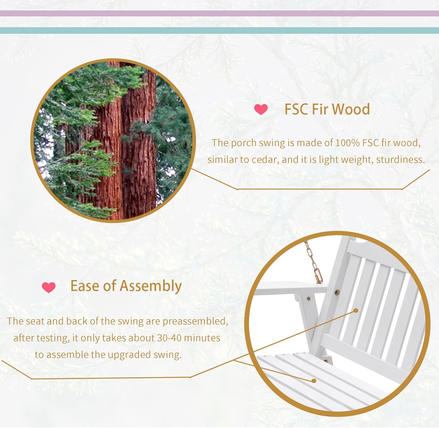 Anraja Wooden Porch Swing 2-Seater, Bench Swing with Hanging Chains, Heavy Duty 800 LBS, for Outdoor Patio Garden Yard, 4 Ft, White-VerdiqueGarden