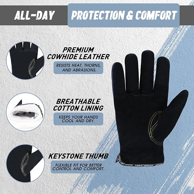 HLDD HANDLANDY Leather Work Gloves for Men & Women, Adjustable Wrist Cowhide Gardening Glove with Reinforced Palm for Driver-VerdiqueGarden