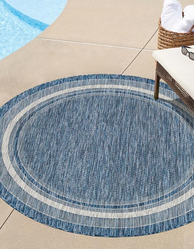 Unique Loom Outdoor Border Collection Area Rug - Soft Border (10' Round Blue/Ivory)-VerdiqueGarden