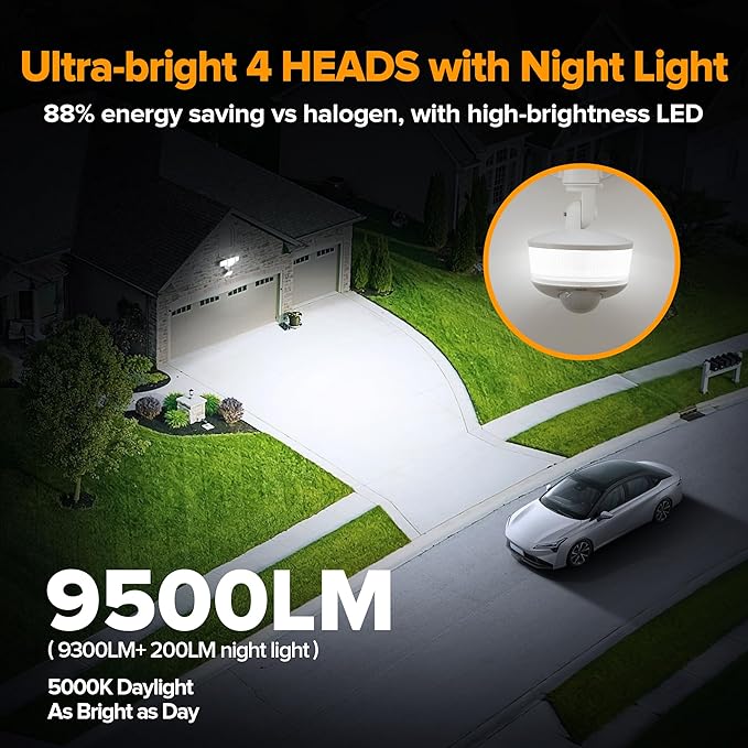 LUTEC 84W 9500LM LED Security Light Motion Sensor Outdoor Lights with Night Light, 4 Head LED Flood Lights Outdoor 5000K Daylight, IP65 Waterproof, Motion Detected Lights for Outside (White)-VerdiqueGarden
