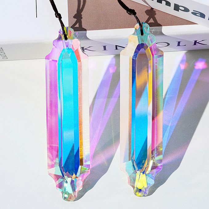 HDCRYSTALGIFTS 2 Pack 5" Large Crystal Suncatcher Prisms,AB Crystals for Sun Catchers,Rainbow Maker Hanging Prisms for Windows,Room,Chandelier,Garden Home Decor-VerdiqueGarden