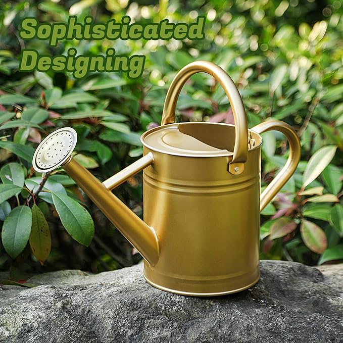 1 Gallon Watering Can for Plants, Watering Cans for Indoor&Outdoor Gardening, Galvanized Steel Watering Pot with Removable Spout, Metal Water Can with Ergonomic Movable Handle(Gold)-VerdiqueGarden