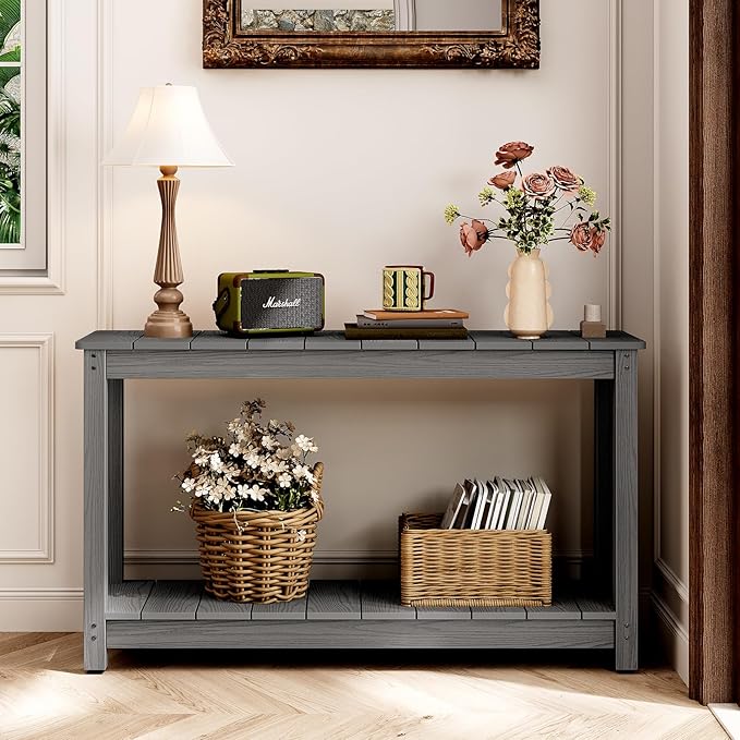 Outdoor Console Table, 48" Weather Resistant HIPS Patio Side Table, 440LBS Weight Capacity, 2-Tier Multifunctional Buffet Bar Storage Organizer for Garden Deck, Gray-VerdiqueGarden