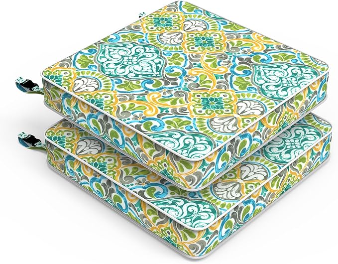 LVTXIII Patio Chair Cushions 19"x19"x3", Water-Repellent Outdoor Seat Cushions for Patio Furniture, Square Chair Pads with Ties for Home Garden Decoration, Set of 2, Damask Green-VerdiqueGarden