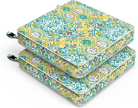 LVTXIII Patio Chair Cushions 19"x19"x3", Water-Repellent Outdoor Seat Cushions for Patio Furniture, Square Chair Pads with Ties for Home Garden Decoration, Set of 2, Damask Green-VerdiqueGarden