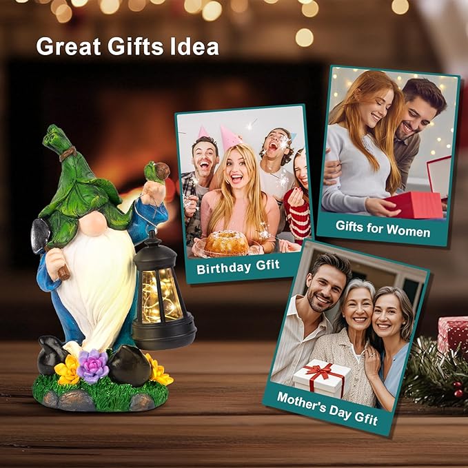 Garden Gnome Solar Figurine Lights - Solar Powered Lighting Outdoor Decorations with Lantern & Shovel, Yard Art Lawn Ornaments for Porch Patio Balcony - Gnome Gifts for Women Mom-VerdiqueGarden