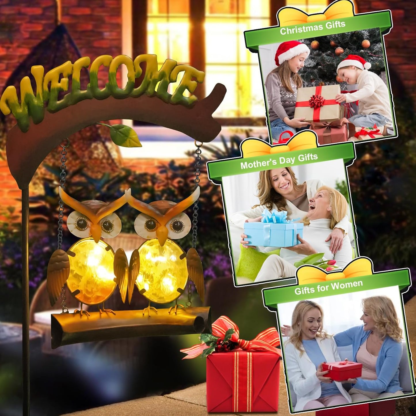 HONGLAND Solar Lights Outdoor Decor, Owl Swing Garden Decor, Owl Gifts for Women Mom, Whimsical Garden Lights Outdoor Decorations with Welcome Sign for Outside Patio Yard Lawn Decor-48inch-VerdiqueGarden