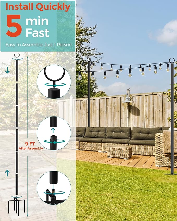 LAND·VOI 2 Pack String Light Poles, 9FT Heavy Duty Metal Light Poles for Outside String Lights, Outdoor Light Poles with 5 Prong Fork, Lighting Stand for Patio, Backyard, Garden, Deck, Black FLP12B-VerdiqueGarden