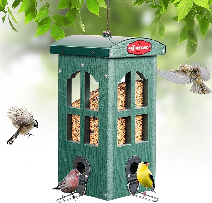 Kingsyard Upgraded Rainproof Bird Feeder for Outdoor Hanging - Metal Feeding Port, Recycled Plastic Wild Bird Feeder with Metal Mesh Tray for Goldfinch Small Bird, Garden Yard Decoration, Green-VerdiqueGarden