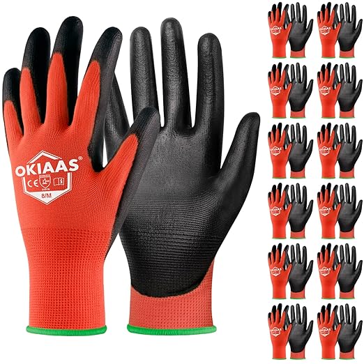 OKIAAS Men's Ultra-Thin and Lightweight Working Gloves with Grip, 12 Pairs Bulk Pack, Construction Gloves with Polyurethane Coating, Safety Gloves for Light Duty Work, Red, Medium-VerdiqueGarden