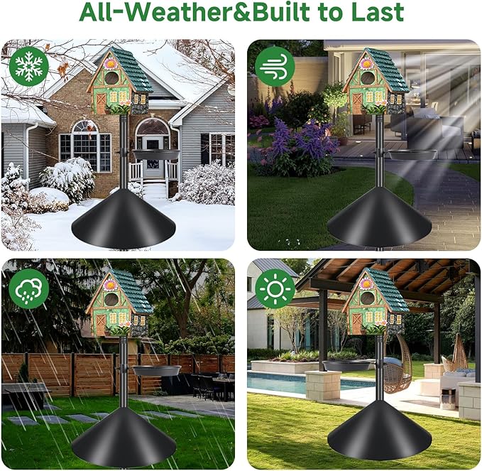 Smart Bird Feeder Pole with Squirrel Baffle & Bath-Heavy Duty Adjustable 3-6.6ft Universal Stand Mount for Backyard&Outdoor Bird Houses/Cameras (80'Pole-Baffle-Bath)-VerdiqueGarden