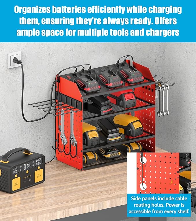 CCCEI Modular Desk Power Tools Organizer with Charging Station, 4 Layer Drills Battery Storage Wall Mount, Garage Shop Organization, Anniversary, Birthday, Gifts for Men, Father, Red, 10FT Cord.-VerdiqueGarden