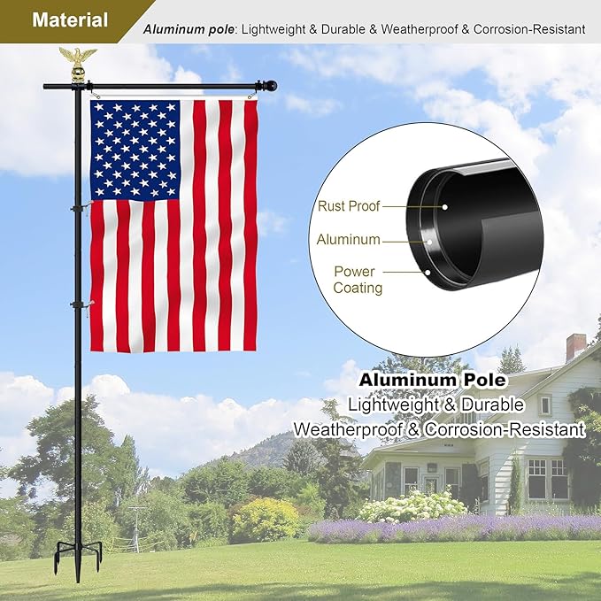 10FT Garden Flag Pole Stand for 3x5 Feet & 28x40 Inch Flags – Heavy Duty Freestanding Flagpole with 5-Prong Base – Adjustable, Lightweight Aluminum Flag Holder for Yard, Outdoor, Lawn – Black-VerdiqueGarden