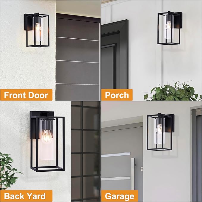 Pia Ricco Outdoor Wall Lights, Black Outdoor Wall Lantern with Square Clear Glass Shade, Waterproof Exterior Lighting Fixtures, Modern Front Porch Lighting for House, Garage, E26 Base, ETL Listed-VerdiqueGarden