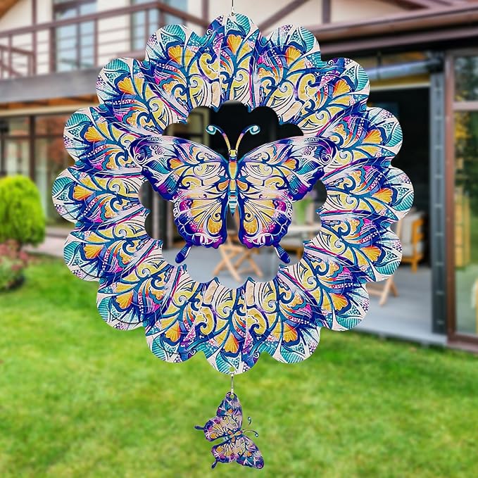 TUOKING Butterfly Wind Spinners Outdoor for Yard and Garden Decor 3D Hanging Wind Sculpture 12 Inch Stainless Steel Wind Spinner Decoration Worth Gift for Women-VerdiqueGarden