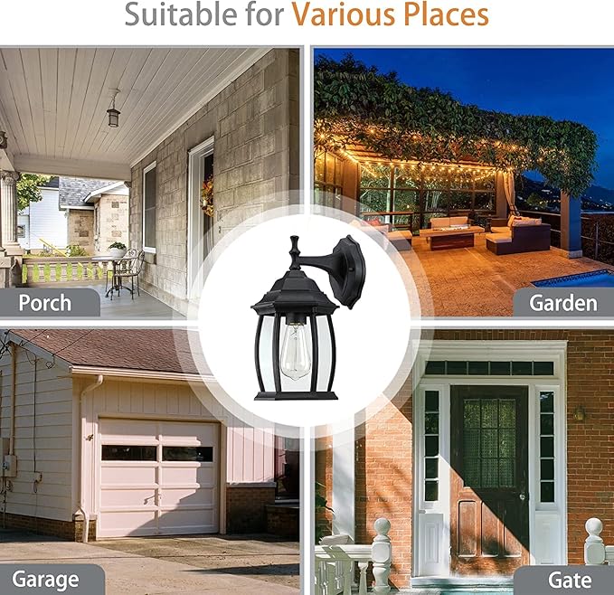 Pia Ricco Outdoor Wall Lights, Textured Black Exterior Light Fixtures with Clear Glass Shade, Waterproof Front Porch Lighting, Modern Sconces Lantern for Outside, House, Garage, E26 Socket, ETL Listed-VerdiqueGarden