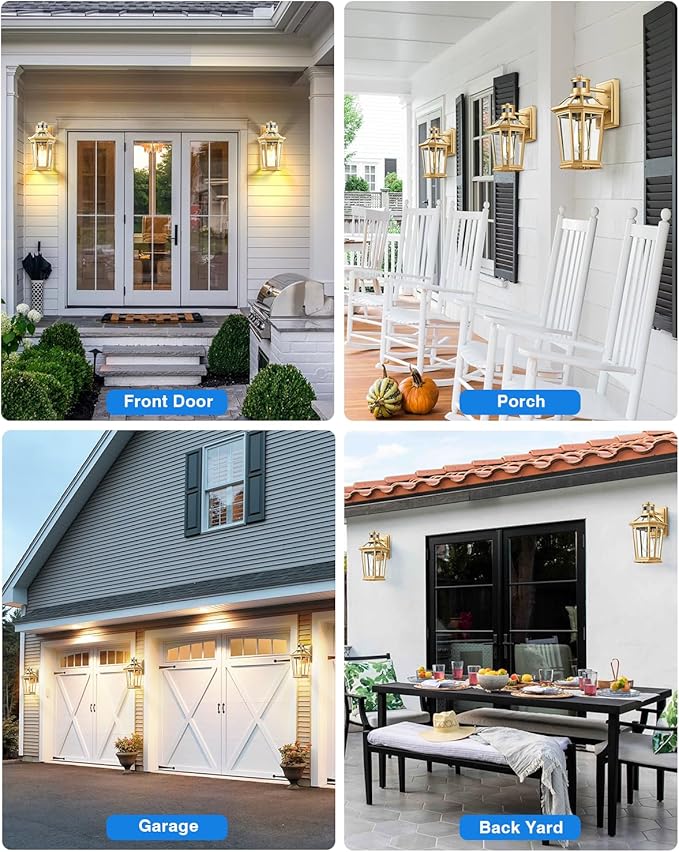 VIANIS Outdoor Wall Lights Lantern, 2 Pack Gold Motion Sensor Proch Light, Dusk to Dawn Weather Resistant Exterior Lights for House Sconce, Waterproof Garage Lights with Clear Glass Shade-VerdiqueGarden