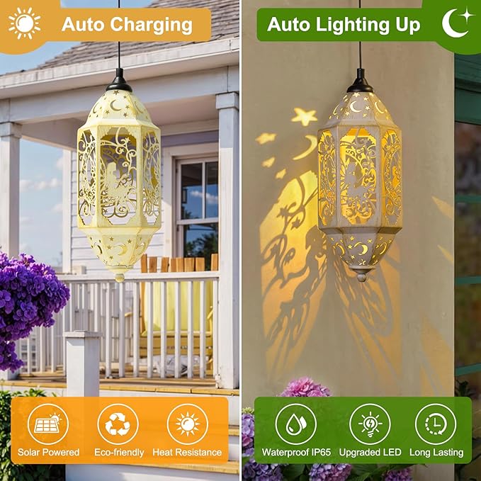 Outdoor Solar Lanterns Waterproof Fairy Moon Garden Gifts for Women Mom12.4‘’ Metal Garden Lanterns Hanging Light for Patio Backyard Decorations, Mothers Day Birthday Gifts (Gold White,2Pack)-VerdiqueGarden